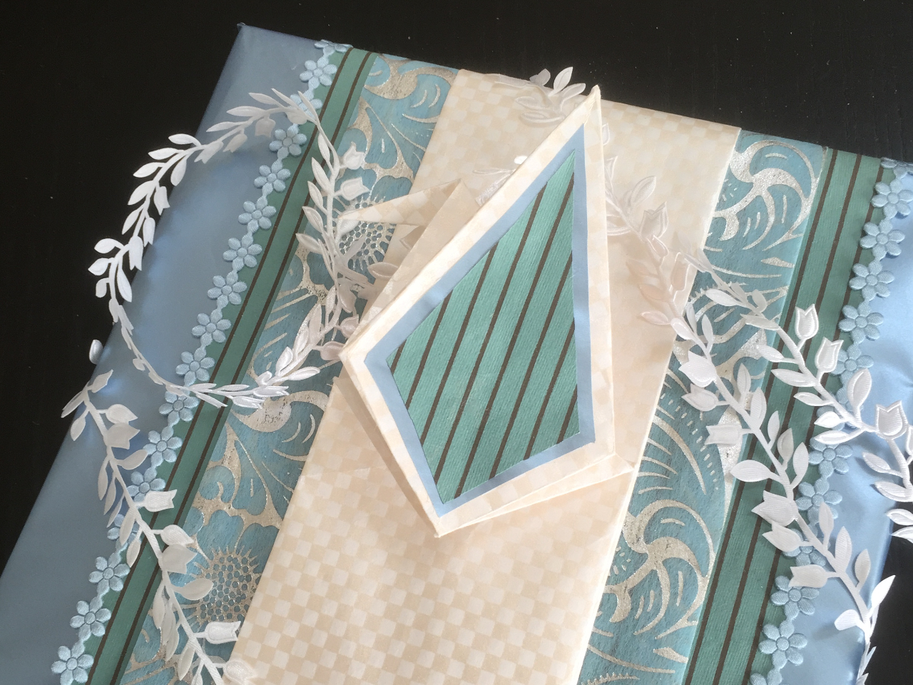 お祝いラッピング 幾重にも重なる喜び事をいつまでも繁栄につながるようタックや連続模様のアートリボンを使ったアレンジです。静かな落ち着きと華やかさをミックス。