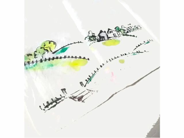 試作ハンカチに(A)着色、スケッチ水彩画風のお試し染め例です。