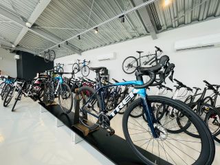 オーシャンビューで開放的な店内にレンタサイクルがたくさん