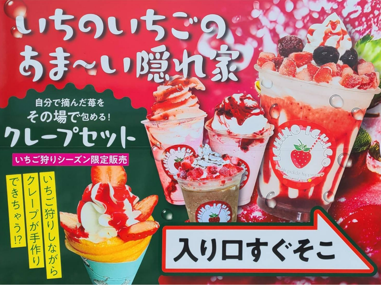 自分で積んだいちごをその場で包める!オリジナルのいちごクレープを作れるセットも販売中♪(別プラン)