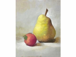 洋梨とプチトマトを精細な写真と講師の作例を参考にしながら描きます。