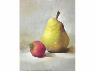 洋梨とプチトマトを精細な写真と講師の作例を参考にしながら描きます。