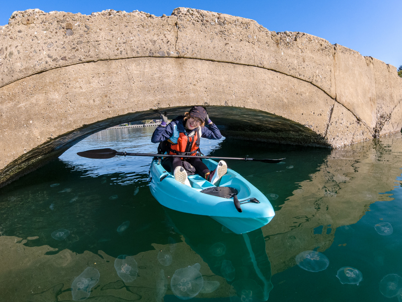 大正時代の遺構「魚雷発射試験場跡」の橋の下をくぐります(!)クラゲがたくさん☆