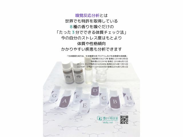 8種の香りを並べたら嗅覚反応分析士がグラフを作成します。今の心身の状態がグラフで視覚化しストレス度、弱りやすい臓器や抱えやすいお悩みなどをアドバイスします。