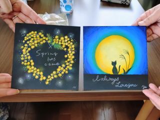 絵を触っても消えないチョークアート。お家で飾って楽しめますよ。絵が苦手でも、デザイン画を転写してから塗るので大丈夫です♪