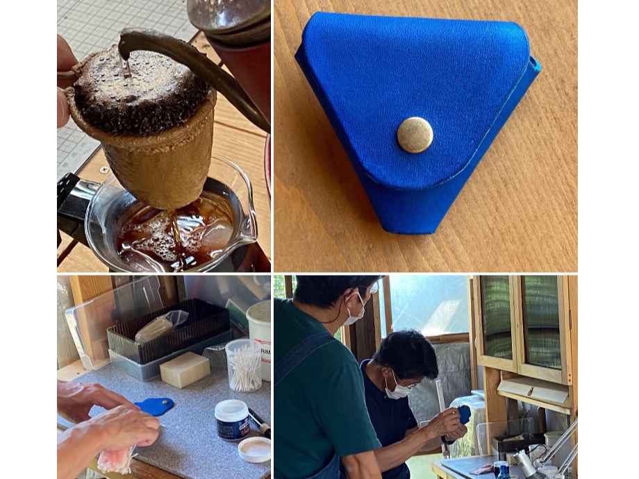 変形三角ヘキサコインケース クロムなめし厚革の場合、断面は染めていただきます。