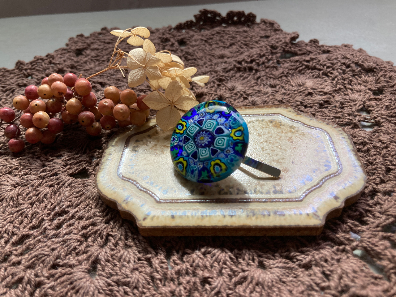 最近人気のポニーフックです。とてもきれいにミルフィオリを並べてくださって、素敵な作品になりました。