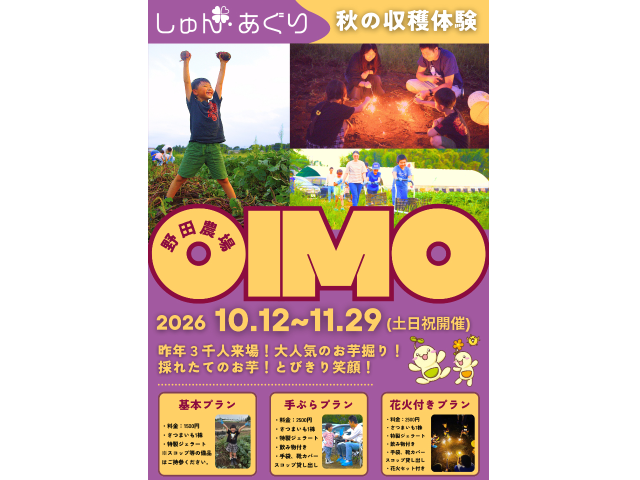 【昨年3千人来園】大人気企画！夕暮れ花火プランも◎特製ジェラート付さつまいも収穫