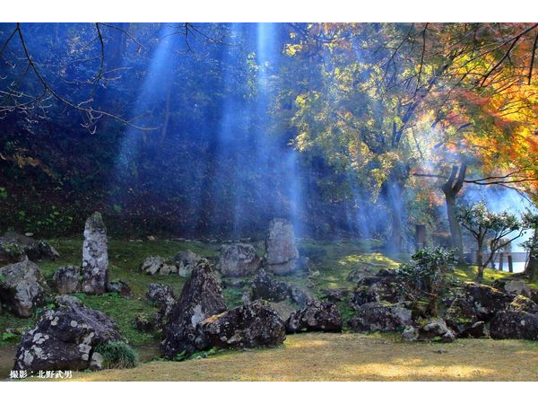 光芒・紅葉とコラボした、湯殿跡庭園。写真は北野武男氏(福井県内在住カメラマン)より提供(個別に使用許諾)。