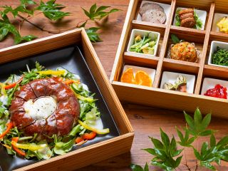 土佐和牛のローストビーフ丼に9品の小鉢がセットになった2段重ねとお重ランチ。