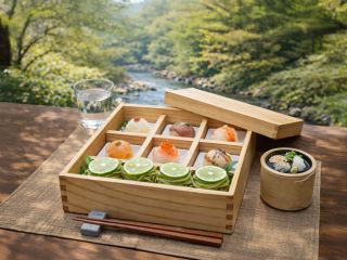 ローストビーフ、サーモン、海老、鰻など6種類の手毬寿司と季節の麺ものを重箱でご提供。