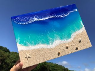 水の様な透明感で固まるエポキシレジンアート!(A4サイズ)あなただけのオリジナルな沖縄の海を!(海の色は一例になります)