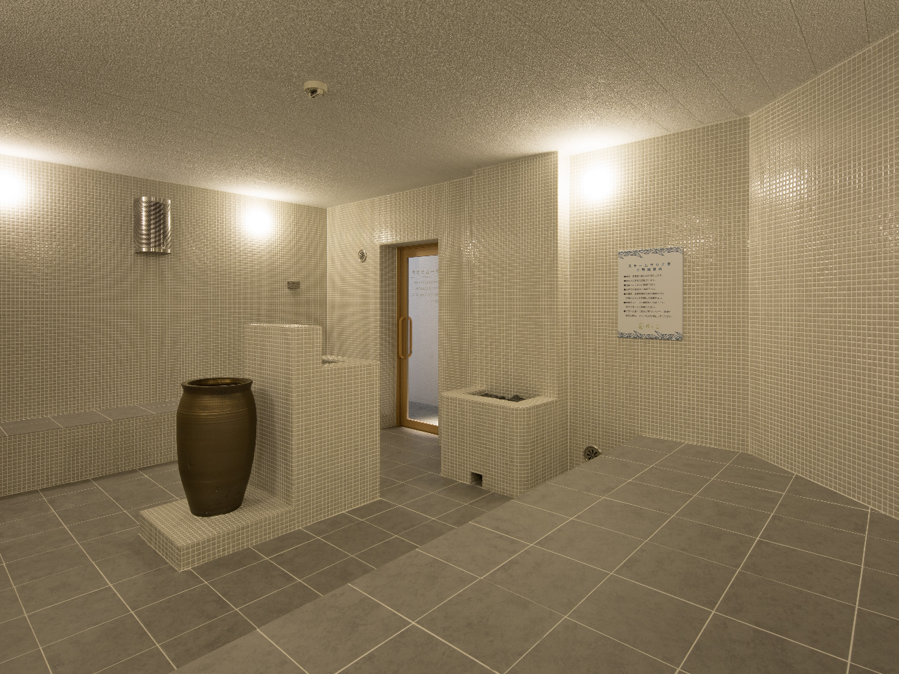 湿度100%、軟水装置付きのスチームサウナ 横になれるスペースがあり岩盤浴同様の利用が可能