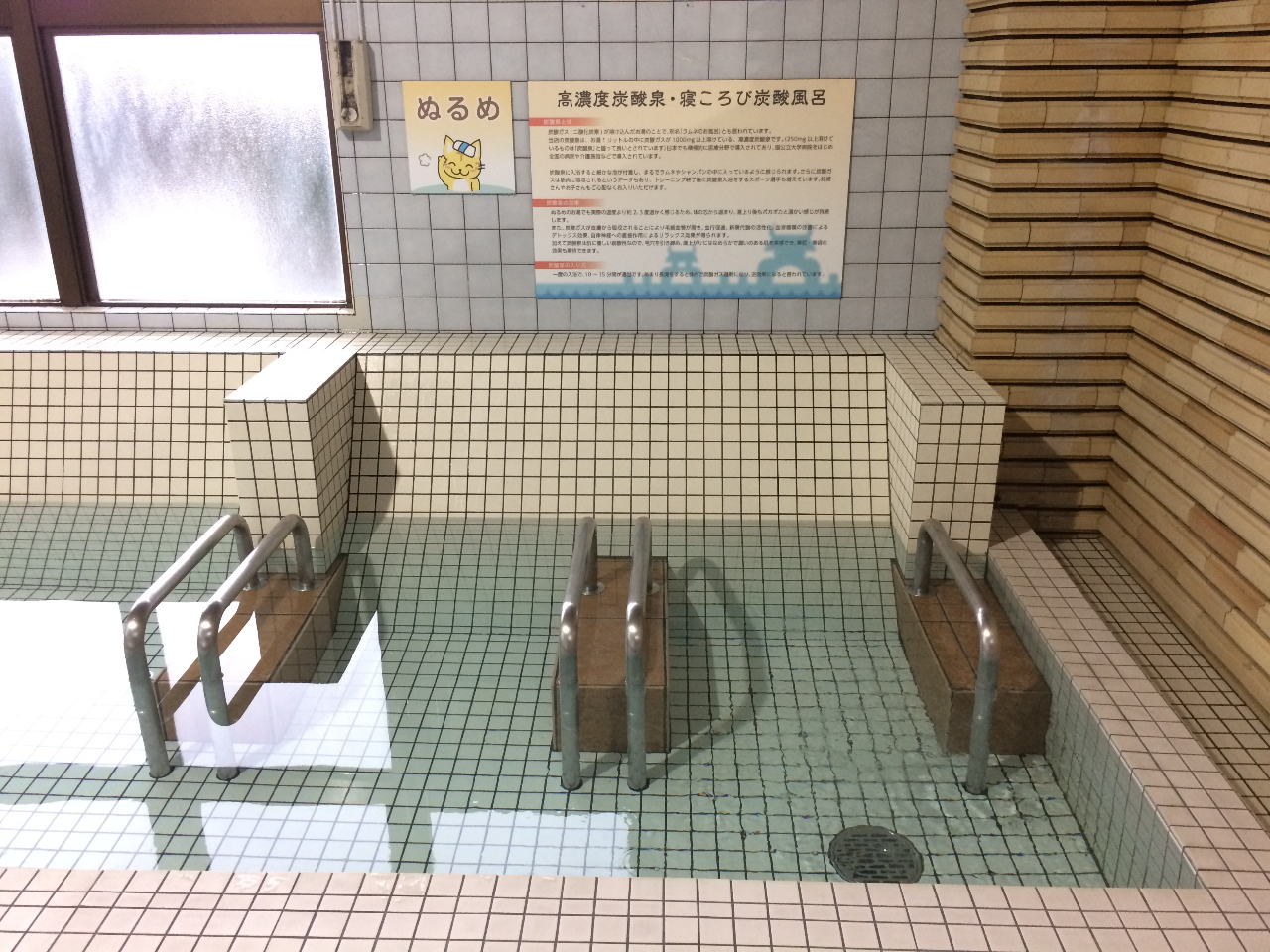 高濃度炭酸泉。37〜38℃とぬるめの設定です。