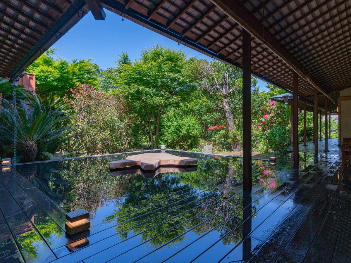 令和6年にオープンした水鏡テラス。樹齢三百年の木の根を観ることができます。