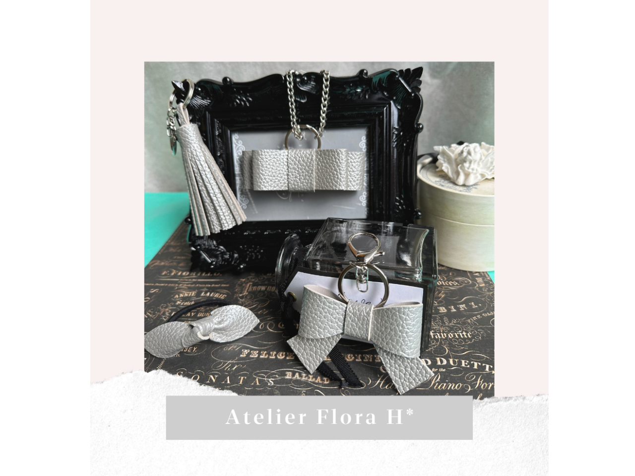 こちらはシルバーのお色でリボンとタッセルを制作。どれでも体験OKです!