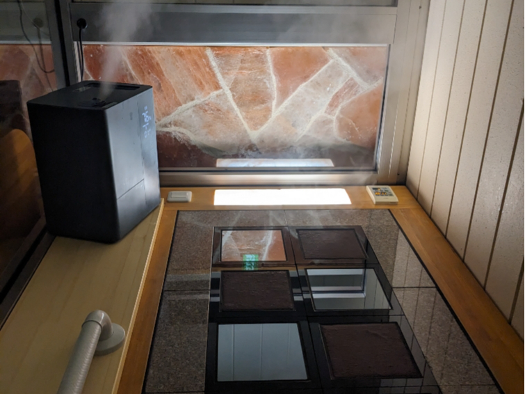 ラドンルームの内部です。床はテラヘルツ波が出るテラプレートと低線量放射線が出るバドプレートで、壁と天井からも低線量放射線が出ます。更にラドンガスが放出されます。