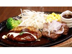 お風呂上りにお食事はいかかですか?特製ハンバーグ&ステーキをお得に食べられます。男女年齢問わず、当店人気のメニューです。