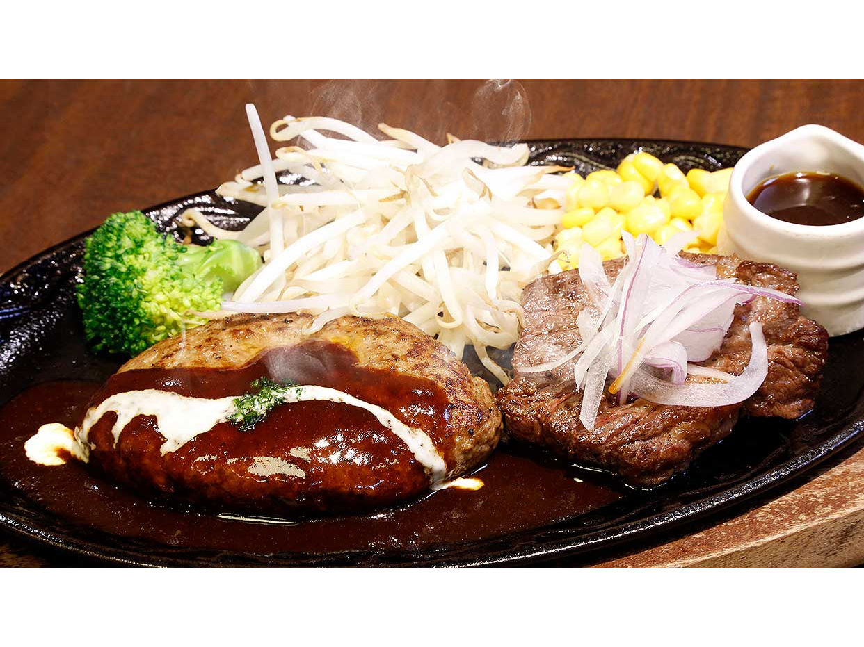 お風呂上りにお食事はいかかですか?特製ハンバーグ&ステーキをお得に食べられます。男女年齢問わず、当店人気のメニューです。