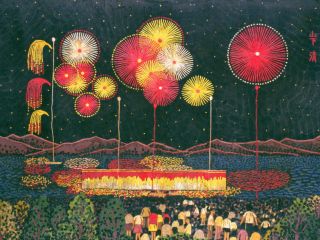 ナイアガラ花火と見物人:貼絵