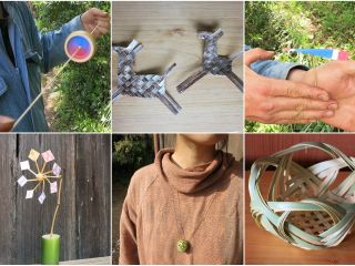 【左上から時計回りに】ぶんぶんごま、馬のしおり、竹とんぼ(ひねり)、四海波、竹玉ペンダント、かざぐるま