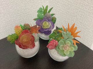 グラスにカラーサンドを入れて、その上にフェイク多肉植物を寄植えしていきます。上質なフェイク多肉植物なのでまるで本物のよう!