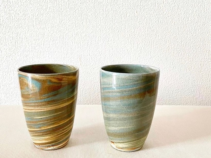 虫明焼　三つ足銘々皿　六客　時代箱　N　8673 虫明焼 三つ足銘々皿 六客 時代箱 N 8673