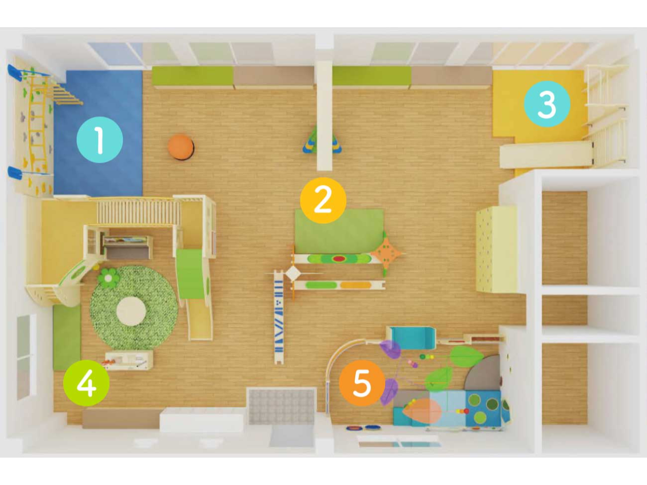 @アクティブゾーン1A感覚統合ゾーンBアクティブゾーン2C幼児向け遊びゾーンDほふく遊び(乳児)ゾーン
