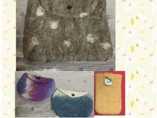 羊毛フェルトの性質(洗濯すると繊維が絡まり縮んだりする)を利用した作品、ミニポーチ&コースターです。