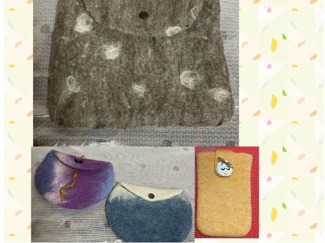 羊毛フェルトの性質(洗濯すると繊維が絡まり縮んだりする)を利用した作品、ミニポーチ&コースターです。