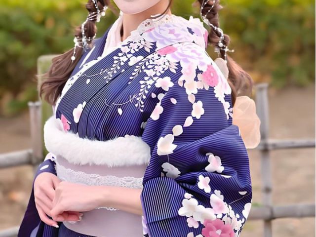 首元のレースインナー、ファーの帯揚げ、帯締め、兵児帯がキュート!