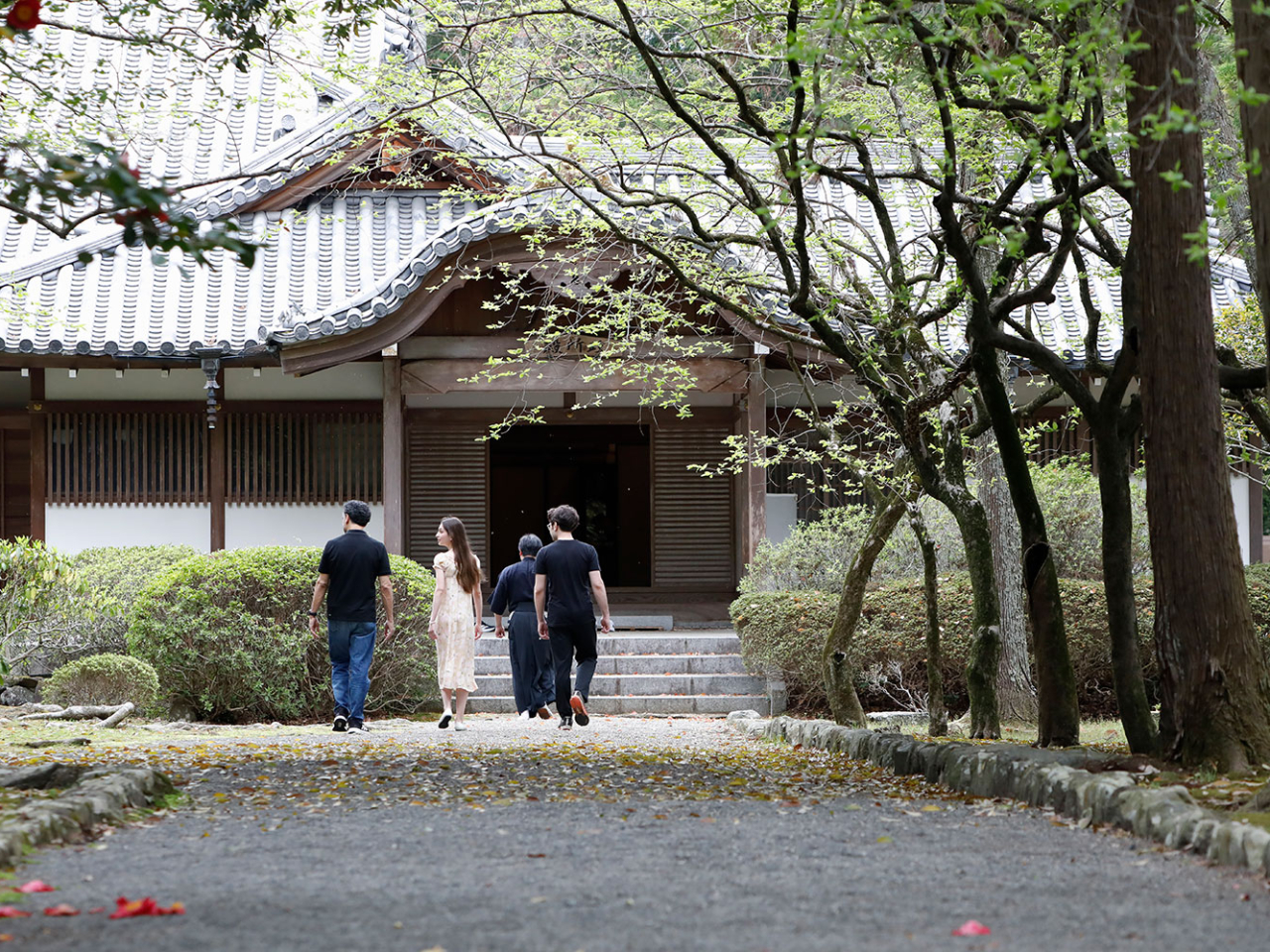 木々に囲まれた静寂な道を進むと、そこに多田神社の政所殿が静かに現れます。自然の中に佇む神聖な空間が、心を落ち着かせるひとときを提供します。