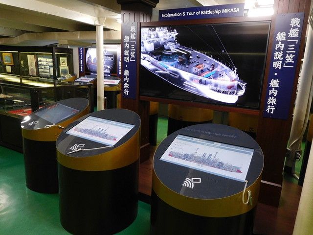 〜艦内説明・艦内旅行〜明治37(1904)年、黄海海戦当時の戦艦「三笠」をコンピュータ・グラフィックで復元しました。 タッチパネルによりより精密に知れます♪