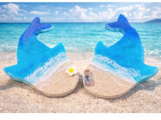 ペアのジンベイザメも可愛いと思います。シーサーの様に右が男の子で波打ち際には打ち上げられた小瓶に琉球ガラスを詰めました。左が女の子でプルメリアを飾りました。