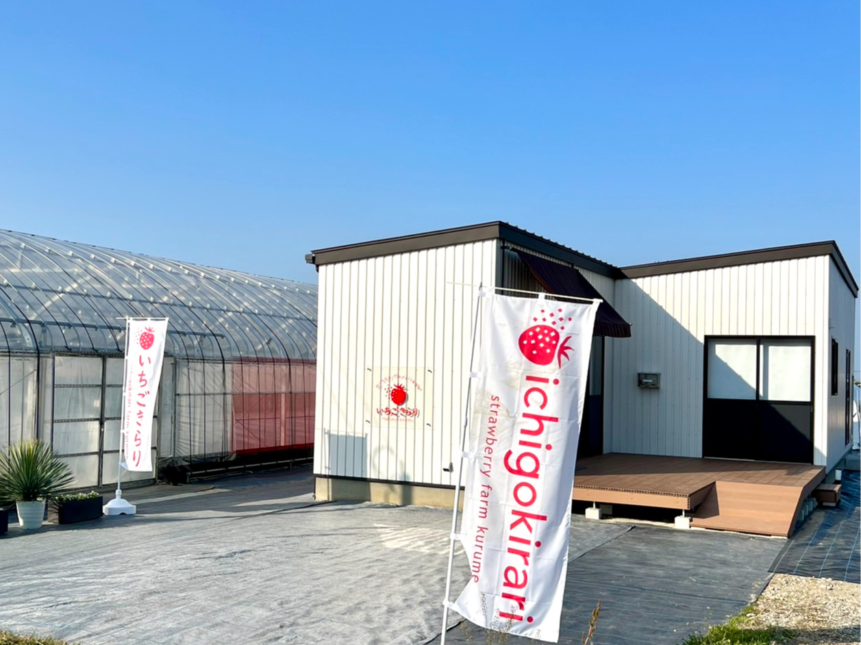 こちらの建物で受付でした後、ビニールハウスに移動していただきます。ジャムやジェラートなどの加工品などの販売も行っています。