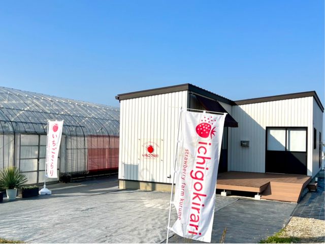 こちらの建物で受付でした後、ビニールハウスに移動していただきます。ジャムやジェラートなどの加工品などの販売も行っています。