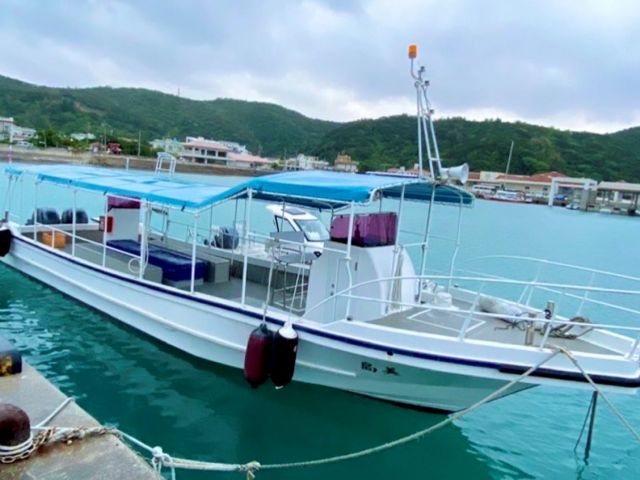 こちらの船で行きます!青いカバーが被さっているところがグラスボートになっており海の中が見えます。