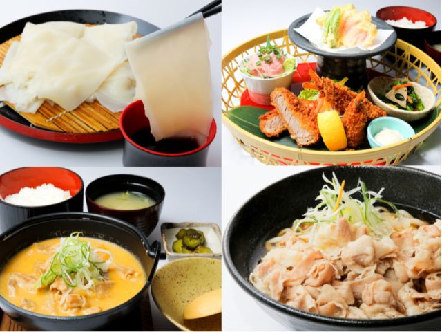 お食事処では、きのこ味噌を使ったさる食やひもかわうどん、ソースカツ丼、ぐんま麦豚肉うどん、もつ煮定食など、桐生ならではの味を豊富にご用意しております。