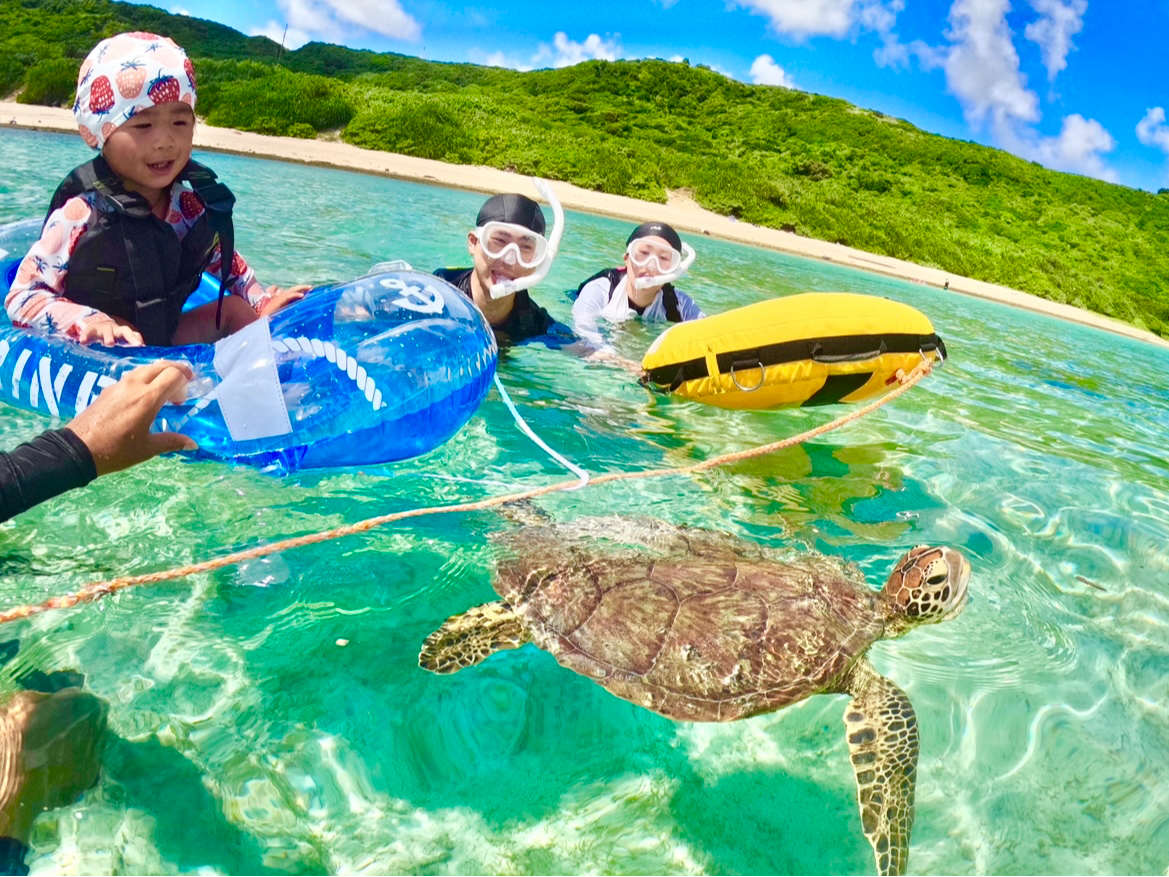 海が不安なお子様は浮き輪でウミガメ見物♪