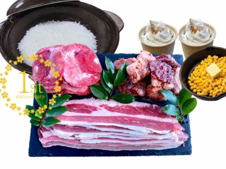 【写真は2名様分】お肉に土鍋ご飯、デザートが付いたバラエティセット(ソフトドリンクバー付)ネット限定プランです