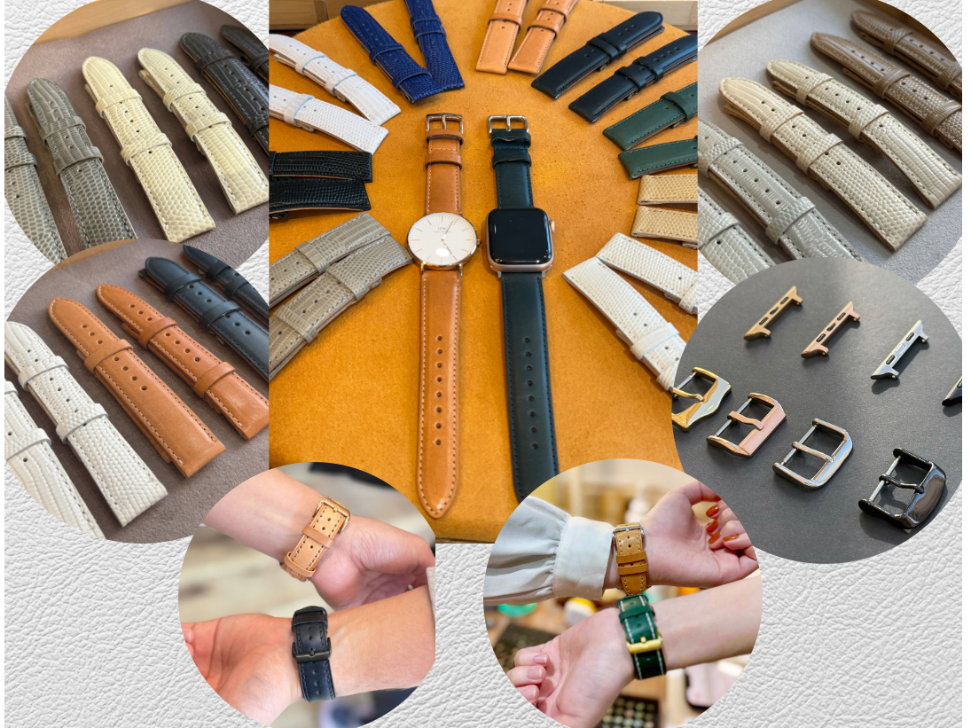 18色の牛革アップルウォッチバンドです♪革に縫う糸の色から金具(コネクター4色・バックル4種類・4色)選べます!ご自分だけのカスタマイズバンドはいかがでしょうか