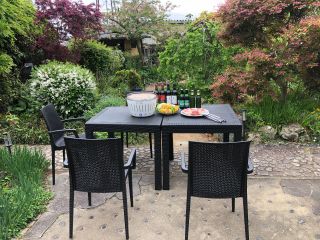 庭の様々な花を見ながらのBBQが楽しめます。( 梅、桜、モッコウバラ、山桃、藤、シャクナゲ、ボタン、芍薬、ボケ、雪柳、ツワブキ、トキワマンサク、クリスマローズ)