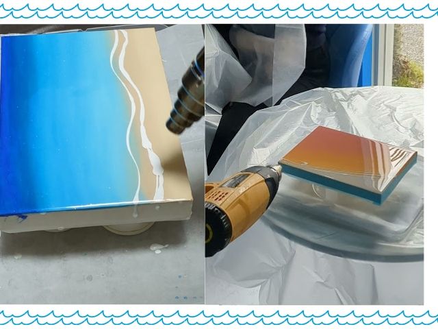 レジンアートの醍醐味!ヒートガンによる波入れ。美しい波入れができるように丁寧にサポートしています。