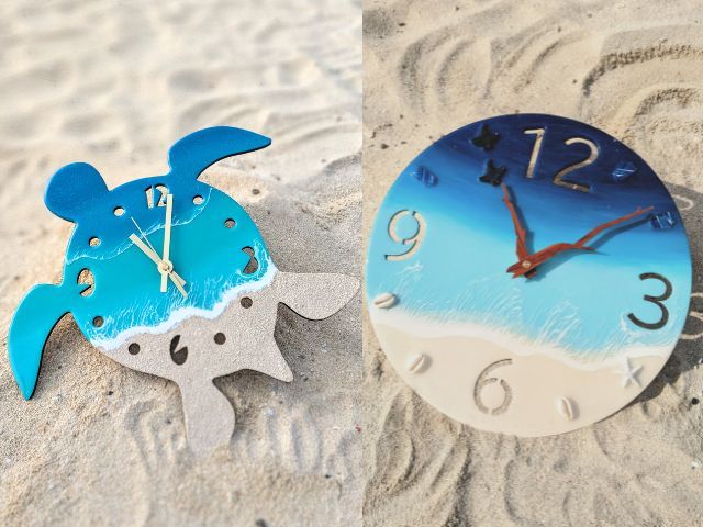 大人気の時計メニュー☆彡ホヌは全長35p、円形は直径30cmの大き目の実用的なタイプ。ギフトにも喜ばれています。お2人で1作品を作ることが出来ます!