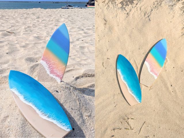 海といえばサーフィンやSUPが好きという方へサーフボード型のパネルもご用意。サイズは40p×10p(2人で作品可)