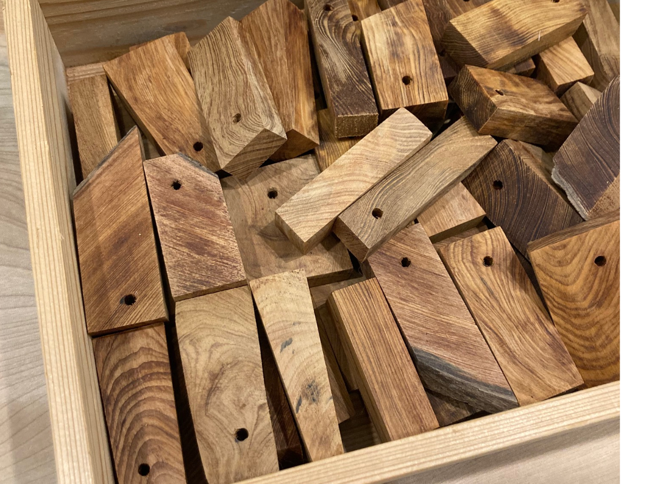 沢山ある屋久杉片から磨きたい屋久杉を選びます