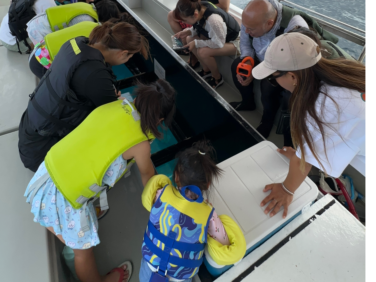 お子様も嬉しい!グラスボート。サンゴの海が見えるとみんなくぎづけで、カメラでパシャパシャ(*^^*)カメさん通るかな〜?