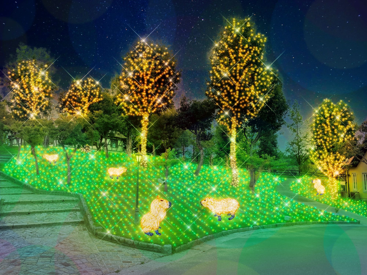 光るカピバラたちがお出迎え