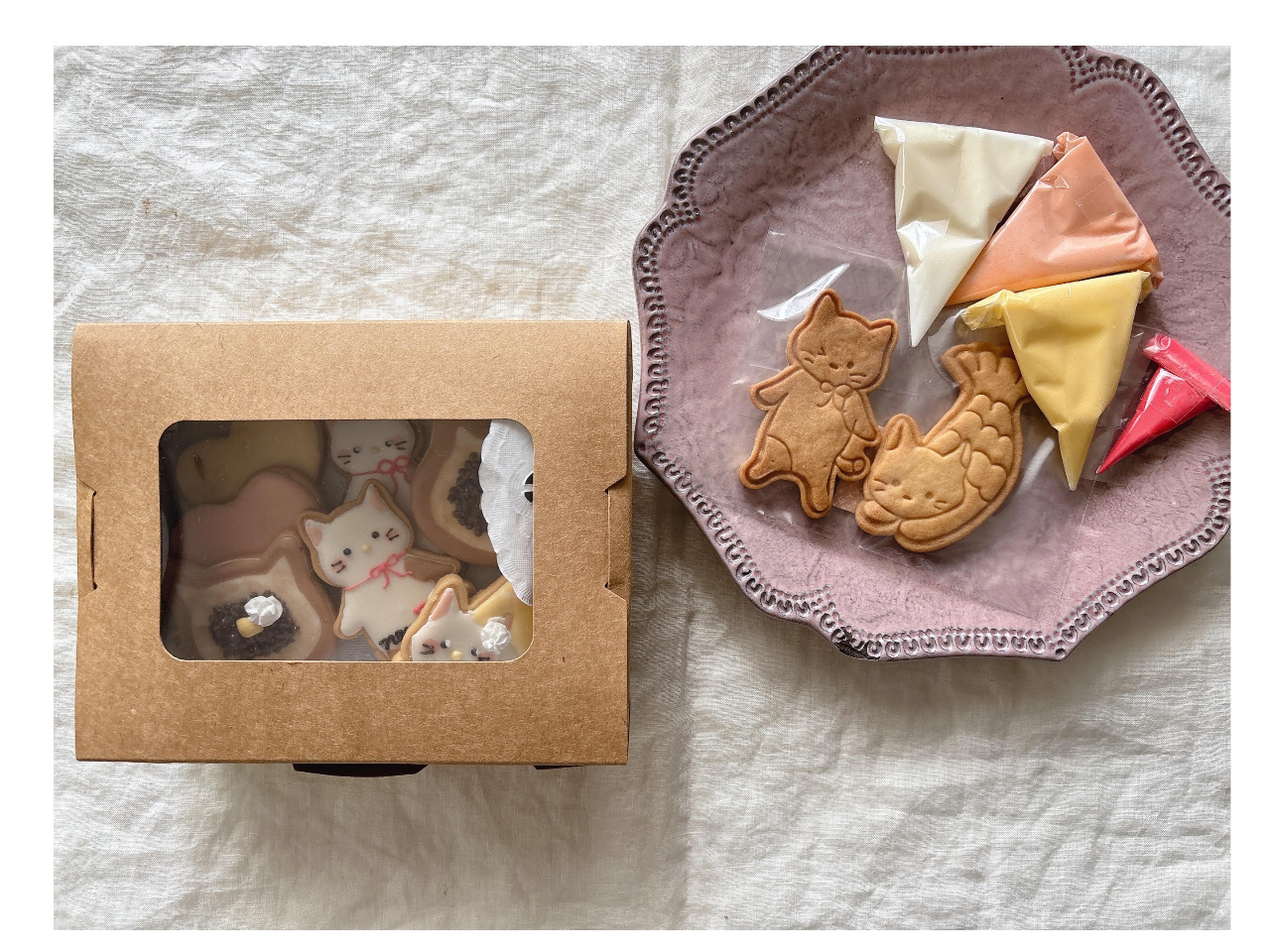 お作り頂いたクッキーはそのままプレゼントにも最適♪素焼きのクッキーとアイシングクリームのお土産つきです。