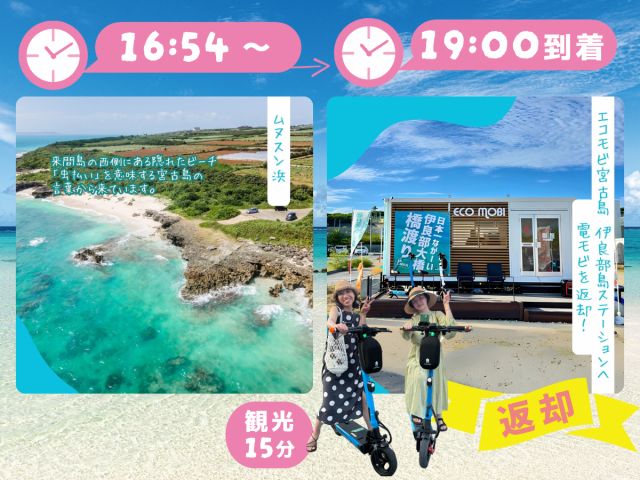 ムヌスン浜は来間島の西側にある隠れたビーチ。「虫払い」を意味する宮古島の言葉から来ています。 ECOmobi宮古島 伊良部島ステーションへお戻り・ご返却。